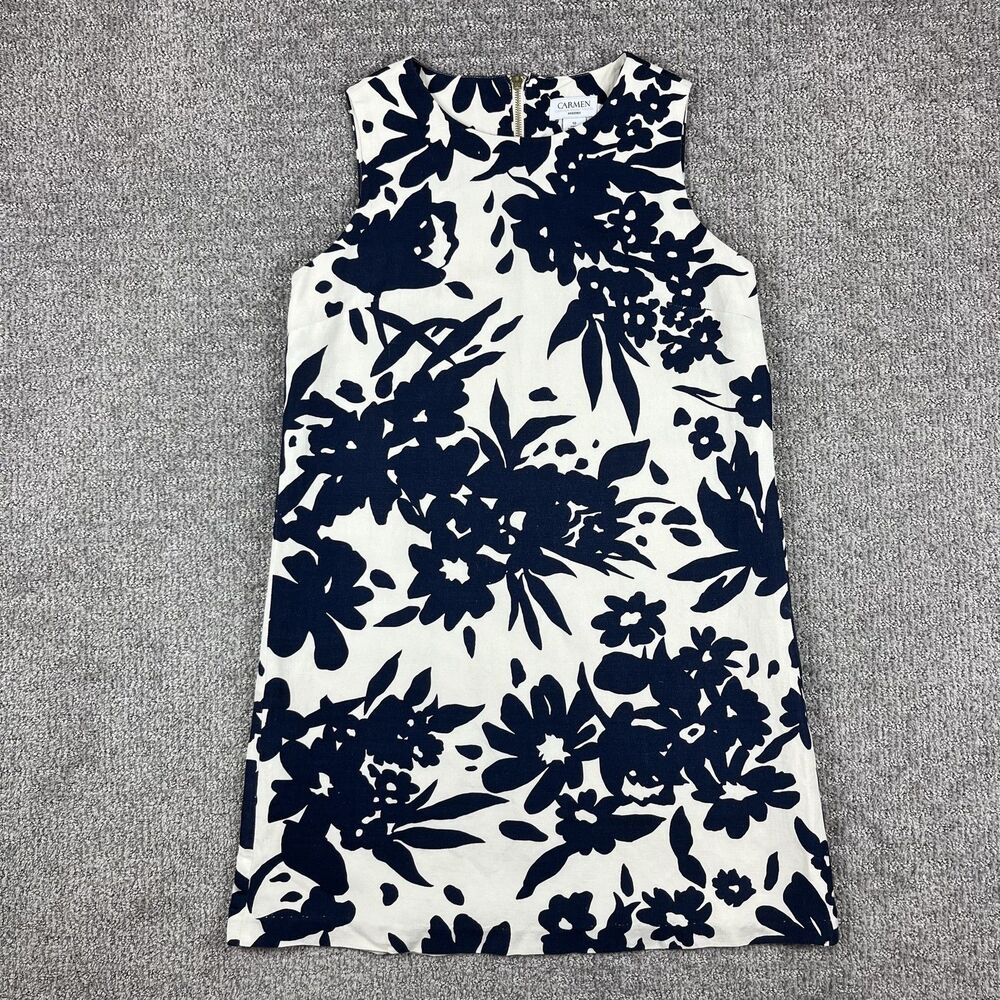Carmen Marc Valvo Dress Womens Ten Sheath Floral Linen Blend Summer Coastal